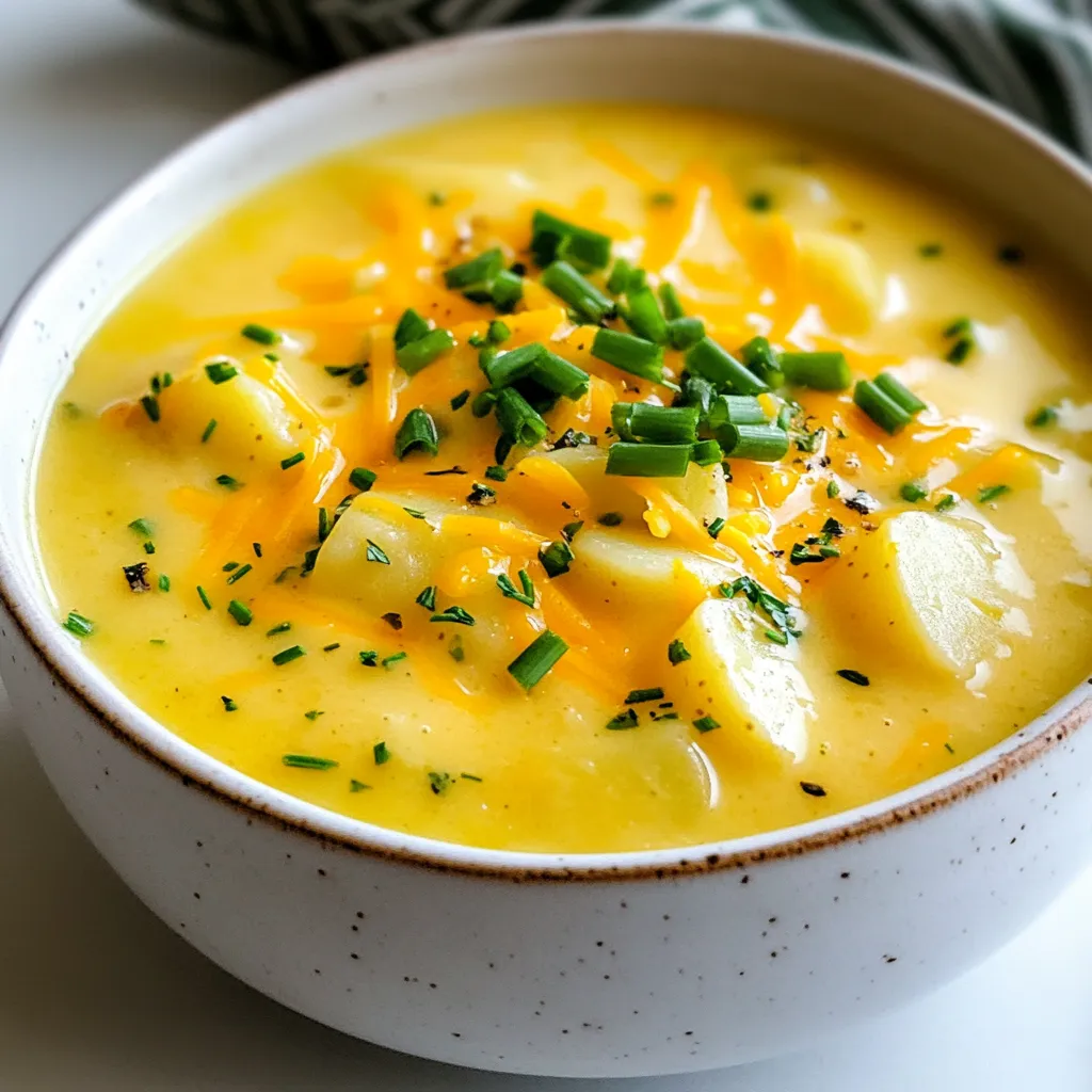 To make this Cheddar Garlic Herb Potato Soup, you will need: - 4 medium russet potatoes, peeled and diced - 4 cups vegetable broth - 1 cup sharp cheddar cheese, grated - 1 medium onion, diced - 4 cloves garlic, minced - 1 cup heavy cream - 2 tablespoons olive oil - 1 teaspoon dried thyme - 1 teaspoon dried rosemary - Salt and pepper to taste - Chopped fresh chives for garnish - Potatoes: Russet potatoes give a great texture. You can use Yukon Gold for a creamier taste. - Cheddar cheese: Sharp cheddar adds flavor. Feel free to use mild cheddar or even pepper jack for a kick. - Vegetable broth: Use chicken broth for more depth. Homemade broth is always a tasty option. - Heavy cream: Swap it for half-and-half or coconut cream for a lighter soup. - Herbs: Fresh herbs can be used instead of dried. Try fresh thyme or rosemary for more flavor. When picking produce, check for these tips: - Potatoes: Choose firm potatoes with no sprouts. Avoid soft spots. - Onions: Look for onions that are dry and firm. They should feel heavy for their size. - Garlic: Select heads that are firm with no soft cloves. Fresh garlic has a strong scent. - Chives: Go for bright green chives. They should be crisp and not wilted. Using fresh ingredients makes a big difference in taste. Enjoy the process of selecting your ingredients! {{ingredient_image_1}} To make this tasty soup, start by heating olive oil in a large pot over medium heat. Add the diced onions and cook until they are soft, about 5 minutes. Then, stir in the minced garlic and let it cook for one more minute. This makes the kitchen smell great! Next, add the diced potatoes and the vegetable broth. Bring this mix to a boil, then lower the heat and let it simmer for about 15 to 20 minutes. The potatoes should be tender when you poke them with a fork. Once the potatoes are ready, grab your immersion blender. Blend the soup until it is smooth. If you want some chunks, blend only half of it. After blending, stir in the heavy cream and grated cheddar cheese. Toss in the dried thyme and rosemary, then add salt and pepper to taste. Let the soup simmer on low heat for about 5 minutes. This allows the flavors to blend nicely. Finally, serve the soup hot and sprinkle chopped chives on top for a fresh touch. Using an immersion blender is super easy. You can blend the soup right in the pot. This saves you time and cuts down on dishes. Just be careful not to splash! A traditional blender works too, but you need to let the soup cool a bit before blending. Hot soup can be dangerous in a blender. If you choose a traditional blender, do it in batches to avoid overflow. If you like a thick soup, blend it well until smooth. For a chunkier texture, blend only part of the soup. You can also add more broth if it’s too thick for your taste. Always taste the soup before serving. Adjust the thickness to what you like best. Making it just right makes the soup even better! To make your Cheddar Garlic Herb Potato Soup even more savory, use sharp cheddar cheese. It adds depth. Fresh herbs, like thyme and rosemary, boost the taste too. Always sauté onions and garlic in olive oil first. This step brings out their sweet flavors. If you want a touch of spice, add a pinch of red pepper flakes. Store leftover soup in a sealed container. It keeps well in the fridge for up to three days. When you're ready to enjoy it again, reheat on the stove over low heat. Stir it often to ensure even warming. If the soup thickens, add a splash of broth or cream to loosen it. Avoid overcooking the potatoes. They should be tender, but not mushy. If you prefer a chunkier soup, blend just half of it. Be careful with the seasoning. Taste as you go, and add salt and pepper gradually. Lastly, don’t skip the fresh chives on top. They add a fresh burst of flavor that makes the soup shine. Pro Tips Use Fresh Herbs: Fresh herbs like thyme and rosemary can elevate the flavor of your soup significantly compared to dried ones. Adjust Consistency: If you prefer a creamier texture, add more heavy cream or blend the soup longer for a smoother finish. Cheese Choices: Experiment with different types of cheese, such as Gruyère or Gouda, for a unique flavor profile. Garnish Wisely: Adding crispy bacon or croutons along with chives can add texture and enhance the overall taste of the soup. {{image_2}} You can boost this soup's nutrition easily. Consider adding some of these options: - Carrots: Dice and add them with the potatoes. - Spinach: Stir in fresh spinach at the end for a pop of color. - Chickpeas: Add canned chickpeas for protein and fiber. - Broccoli: Steam and chop, then mix in for extra vitamins. These add-ins not only enhance nutrition but also add exciting flavors. Making this soup vegan is simple. Here’s how: - Replace cheese: Use a dairy-free cheese or nutritional yeast for a cheesy flavor. - Cream swap: Use coconut milk or cashew cream instead of heavy cream. - Broth choice: Ensure your vegetable broth is vegan-friendly. These swaps help you enjoy the soup without dairy. Herbs and spices can change the soup's flavor profile. Try these ideas: - Basil or parsley: Fresh herbs add brightness. - Cumin: A dash of cumin gives warmth. - Cayenne pepper: For a kick, sprinkle some in. - Smoked paprika: This adds depth and a hint of smokiness. Experimenting with herbs makes each bowl unique and delightful. After enjoying your Cheddar Garlic Herb Potato Soup, cool it down. Transfer the soup into an airtight container. Make sure to leave some space at the top for expansion. Seal it tight to keep out air. Store it in your fridge for up to three days. This helps keep the flavors fresh and tasty. If you want to save some soup for later, freezing is a great option. First, let the soup cool completely. Then, pour it into freezer-safe bags or containers. Remember to leave space for expansion. Label the bags with the date. You can freeze the soup for up to three months. When you’re ready to eat, just thaw it in the fridge overnight. When stored properly, your soup stays good in the fridge for three days. If you freeze it, it lasts for three months. Always check for off smells or changes in texture before eating. If anything seems off, it’s best to toss it out. Enjoy your creamy, cheesy soup while it's fresh for the best taste! Yes, you can make this soup ahead of time. It actually tastes better the next day. Cook the soup, let it cool, and store it in the fridge. Just reheat it on the stove when you’re ready to eat. If it’s too thick, add a splash of broth or cream to thin it out. This soup pairs well with many sides. You can serve it with crusty bread or grilled cheese. A fresh salad also complements the soup nicely. If you want a bit of crunch, add some crispy bacon bits or croutons on top. Yes, you can use different types of cheese. If you want a milder flavor, use mild cheddar. For a stronger taste, try smoked gouda or pepper jack. Feel free to mix cheeses for a unique flavor. Just remember to adjust the amount based on how strong you want the cheese flavor to be. This blog post covered everything you need for Cheddar Garlic Herb Potato Soup. We explored the key ingredients, cooking steps, and helpful tips. You now know how to pick fresh produce and avoid common mistakes. You also learned about different ways to adapt the soup and store it properly. Cooking is fun, and this soup is easy to make. Enjoy experimenting with flavors and share your creations!