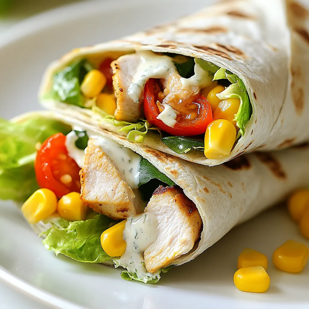 For these wraps, you need: - 2 boneless, skinless chicken breasts - 1 cup bell peppers (mixed colors), sliced - 1 cup romaine lettuce, shredded - 1/2 cup cherry tomatoes, halved - 1/2 cup cooked corn (canned or frozen) The chicken adds protein and flavor. The bell peppers bring color and crunch. Romaine lettuce gives a fresh taste. Cherry tomatoes add a sweet touch, and corn provides a nice texture. You will also need: - 4 large whole wheat tortillas - 1/2 cup ranch dressing - 1 tablespoon olive oil - Salt and pepper to taste Whole wheat tortillas are healthy and filling. Ranch dressing makes everything creamy and tasty. Olive oil helps cook the chicken and peppers perfectly. For extra flavor, consider: - 1/4 cup shredded cheddar cheese, for garnish Cheddar cheese is not a must, but it adds a rich taste. You can skip it or use other cheeses if you prefer. These ingredients make Chicken Bell Pepper Ranch Wraps a fun and easy meal. You can mix and match to suit your taste. Enjoy! {{ingredient_image_1}} To start, take the chicken breasts and season them. Use salt and pepper for flavor. Heat a skillet on medium. Add a tablespoon of olive oil. Cook the chicken for about 6-7 minutes on each side. You want it cooked through and golden brown. Once done, take it off the heat. Let it rest for a few minutes. Then, slice it into thin strips. This makes it easy to add to your wrap. Next, use the same skillet. Add the sliced bell peppers. They should be mixed colors for a pretty look. Sauté them for about 3-4 minutes. You want them to be slightly soft but still crunchy. Add a pinch of salt and pepper to season. This little step brings out their sweet flavor. Now, lay out your tortillas on a clean surface. Spread about 2 tablespoons of ranch dressing on each tortilla. This gives a creamy taste. Next, add a handful of shredded romaine lettuce on top. Follow with the sliced chicken and sautéed bell peppers. Then, toss in the halved cherry tomatoes and corn. If you like cheese, sprinkle some shredded cheddar on top. Finally, fold the sides of the tortilla in. Roll it tightly from the bottom to the top. Make sure all the fillings stay inside. Cut each wrap in half diagonally. Serve them right away with extra ranch dressing for dipping. Enjoy your tasty meal! To cook chicken well, heat your skillet on medium. Add olive oil to prevent sticking. Season your chicken breasts with salt and pepper. Cook each breast for 6-7 minutes on one side. Flip and cook the other side until no pink shows. Let the chicken rest for a few minutes before slicing. This keeps it juicy. Whole wheat tortillas work great for these wraps. They add fiber and flavor. You can also use flour tortillas if you prefer a softer wrap. For a gluten-free option, look for corn tortillas. Choose large ones to hold all your fillings securely. Add more zest to your wraps by mixing spices into the ranch dressing. A pinch of garlic powder or paprika adds depth. Fresh herbs like cilantro or parsley can brighten the dish. For a kick, add jalapeños or hot sauce. You can also try adding some avocado for creaminess. Pro Tips Cook Chicken Evenly: To ensure the chicken cooks evenly, let it rest at room temperature for about 15 minutes before cooking. This helps it cook through without drying out. Fresh Veggies: Use fresh bell peppers and other vegetables for the best flavor and texture. They should be crisp and vibrant to enhance the wrap's overall appeal. Ranch Dressing Alternatives: Experiment with different dressings like honey mustard or Greek yogurt dressing for a unique flavor twist in your wraps. Wrap Storage Tips: If preparing in advance, wrap each tortilla in plastic wrap to keep them fresh until serving. This prevents them from getting soggy. {{image_2}} You can switch the chicken for other proteins. Try using turkey, shrimp, or tofu. Each option brings a new taste. Turkey gives a leaner bite, while shrimp adds a savory twist. Tofu is great for a plant-based meal. Just prepare it like the chicken, and you'll have a tasty wrap. Feel free to mix up the veggies in your wrap. You can use spinach, cucumbers, or carrots. Spinach adds a nice crunch. Cucumbers give a fresh flavor, and carrots add sweetness. Don't be afraid to experiment with what you like. The more colors you use, the more fun your wraps will look! While ranch is a classic choice, other dressings work too. Try using Caesar, blue cheese, or a zesty vinaigrette. Each dressing changes the flavor completely. Blue cheese offers a bold taste, while vinaigrette keeps it light and tangy. Choose what sounds best to you or what you have on hand! You can store leftover Chicken Bell Pepper Ranch Wraps in the fridge. Wrap each one tightly in plastic wrap or foil. Place them in an airtight container. This keeps them fresh and tasty. They should stay good for about 3 days. When you're ready to eat, just remove the wrap. If you want to save the wraps for later, freezing is a great option. Wrap each one in plastic wrap first. Then, place them in a freezer-safe bag or container. Make sure to remove as much air as possible. These wraps can last up to 2 months in the freezer. When you want one, let it thaw in the fridge overnight. To reheat your wraps, you have a few options. The microwave is the quickest way. Place the wrap on a plate and cover it with a damp paper towel. Heat it for about 30 seconds, then check it. If it's not warm enough, heat for an extra 15 seconds until hot. You can also use an oven for a crispier wrap. Preheat your oven to 350°F (175°C). Wrap it in foil and heat for about 10-15 minutes. This keeps the wrap nice and crunchy. Enjoy your meal! Yes, you can make these wraps ahead of time. Prepare the chicken and veggies, then store them separately. Wraps stay fresh in the fridge for up to 24 hours. When ready to eat, simply assemble the wraps. This saves time and makes meal prep easy. You can use several options for ranch dressing. Greek yogurt offers a creamy base with fewer calories. You might also try hummus for a different flavor. If you prefer a zesty kick, use salsa or guacamole. These options keep your wraps tasty and exciting. To make this recipe healthier, consider these tips: - Use low-fat ranch dressing or Greek yogurt. - Replace the tortillas with lettuce wraps. - Add more veggies like spinach or cucumbers. - Use grilled chicken instead of fried for less fat. These small changes can boost the nutrition while keeping the flavor. This blog post covered making delicious wraps using chicken and veggies. We explored cooking tips, ingredient options, and variations for fun twists. Remember, you can customize with different toppings and dressings. Use the best tortillas and enhance flavors for a great meal. Store extras properly to enjoy later. Overall, this recipe is easy and fun. Now you can create wraps that fit your tastes and needs. Enjoy making them your own!