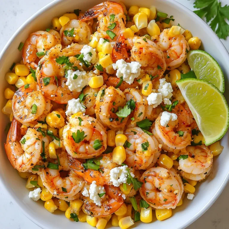 To make Mexican Street Corn Shrimp, gather these ingredients: - 1 lb large shrimp, peeled and deveined - 2 cups corn kernels (fresh or frozen) - 2 tablespoons olive oil - 1 teaspoon smoked paprika - 1 teaspoon chili powder - 1 tablespoon lime juice - 2 tablespoons mayonnaise - 1/4 cup crumbled queso fresco - 1/4 cup fresh cilantro, chopped - Salt and pepper to taste - 2 green onions, sliced for garnish - Lime wedges for serving You can use fresh or frozen corn for this dish. Fresh corn gives a sweet crunch. It also adds a lovely bright color. If you use frozen corn, it saves time and is easy to find. Frozen corn works well in this recipe, too. It’s often picked at peak ripeness. That means it still tastes sweet and fresh. Queso fresco is a creamy cheese that adds flavor. If you can’t find it, you have options. Feta cheese works well in its place. It has a similar crumbly texture and tangy taste. Another option is cotija cheese, which is saltier but still delicious. You can also use ricotta for a milder taste, but it will change the dish's flavor. {{ingredient_image_1}} To start, take a large skillet and heat 2 tablespoons of olive oil over medium-high heat. Once the oil is hot, add 2 cups of corn kernels. You can use fresh or frozen corn. Sauté the corn for about 5-7 minutes. You want it slightly charred and tender. Next, season the corn with 1 teaspoon of smoked paprika, 1 teaspoon of chili powder, salt, and pepper. Stir everything together well. Once seasoned, remove the corn from the skillet and set it aside in a bowl. Now, it’s time for the shrimp. In the same skillet, add 1 pound of large shrimp that you have peeled and deveined. Cook the shrimp for about 2-3 minutes on each side. They should turn pink and opaque. As the shrimp cook, sprinkle 1 tablespoon of lime juice over them. This adds a zesty flavor that works well with the shrimp. Once they are done, reduce the heat to low and return the sautéed corn to the skillet. In a small bowl, mix together 2 tablespoons of mayonnaise, 1/4 cup of crumbled queso fresco, and 1/4 cup of chopped fresh cilantro. Stir until everything is well combined. Next, pour this mayo mixture over the shrimp and corn. Gently toss everything to coat well. Cook for one more minute to warm it through before you remove it from the heat. For presentation, serve the dish in a large bowl or on a platter. Garnish with sliced green onions and lime wedges on the side for extra zest. Enjoy your flavorful Mexican street corn shrimp! When picking shrimp, look for firm and shiny ones. Fresh shrimp should smell like the ocean, not fishy. If you buy frozen shrimp, ensure they are individually quick frozen (IQF). This keeps them fresh longer. Always check the size. Large shrimp work best for this dish. I love using smoked paprika and chili powder for a warm, smoky taste. These spices add depth and flavor. Don't forget to add salt and pepper. A squeeze of lime juice at the end brightens the dish. Feel free to experiment with other spices, but keep it simple. Timing is key when cooking shrimp. Cook them for 2-3 minutes on each side. They turn pink and opaque when done. Overcooked shrimp can be tough. For corn, sauté for 5-7 minutes until slightly charred. This gives it a sweet, caramelized flavor. Always keep an eye on both while cooking for the best results. Pro Tips Use Fresh Corn: For the best flavor, opt for fresh corn on the cob when in season. It enhances the sweetness and texture of the dish. Don’t Overcook the Shrimp: Keep an eye on the shrimp while cooking; they should be just pink and opaque. Overcooking can lead to rubbery shrimp. Customize the Spice Level: Adjust the chili powder according to your heat preference. You can also add jalapeños for an extra kick! Garnish for Presentation: Don't skip the garnishes! Fresh cilantro and lime wedges add vibrant color and zesty flavor to the final dish. {{image_2}} If you like heat, add some spice! Mix in diced jalapeños while cooking the corn. You can also sprinkle cayenne pepper on the shrimp. This adds a nice kick that pairs well with the creamy sauce. Adjust the amount of spice to fit your taste. You can make a tasty vegetarian version too. Replace the shrimp with grilled zucchini or mushrooms. Both options bring a great texture. Use the same spices to keep that bold flavor. This way, everyone can enjoy the dish, even non-meat eaters. Garnishes make your dish pop! Try adding sliced radishes for crunch and color. A sprinkle of chili powder over the top adds a nice touch. You can also use fresh avocado slices for creaminess. Don’t forget a squeeze of lime for extra zing! To store leftovers, let the Mexican street corn shrimp cool down first. Place it in an airtight container. It will stay fresh in the fridge for up to three days. If you want to enjoy it later, make sure to seal it well to avoid any moisture. When it's time to reheat, you have a few options. You can use the microwave for quick heating. Just place it in a bowl and cover it. Heat in short bursts, about 30 seconds, stirring in between. If you prefer the stovetop, use a skillet on medium heat. Add a splash of water to keep it moist and stir until heated through. Avoid overheating, as shrimp can become rubbery. Freezing is a great option for longer storage. First, let the dish cool completely. Then, portion it out in freezer-safe bags or containers. Remove as much air as possible before sealing. This dish can last up to three months in the freezer. To reheat, thaw it overnight in the fridge before using the microwave or stovetop method. Enjoy a quick meal anytime! Mexican Street Corn Shrimp is a fun and tasty dish. It combines shrimp with corn, spices, and creamy sauce. The corn gets a nice char, adding a sweet flavor. I love the mix of spices like smoked paprika and chili powder. They give the dish a warm kick. The creamy sauce has mayo, queso fresco, and cilantro for a fresh touch. You can serve it warm or at room temperature. It’s perfect for family dinners or a party. Yes, you can use different types of shrimp. I often choose large shrimp, but medium shrimp work well too. You can even use shrimp with shells on for extra flavor. Just remember to adjust the cooking time. If you use smaller shrimp, they will cook faster. If you prefer, you can also try shrimp that are already cooked. Just add them at the end to heat through. You can definitely make this dish ahead of time. Cook the corn and shrimp separately, then store them in the fridge. Keep the creamy sauce in a separate container. When you are ready to serve, warm the corn and shrimp in a skillet. Then, mix in the sauce right before serving. This way, your dish stays fresh and tasty. It’s a great method if you want to save time on busy days. In this blog post, we explored the vibrant flavors of Mexican Street Corn Shrimp. We looked at key ingredients like fresh corn and shrimp, plus tasty substitutes for queso fresco. I shared easy step-by-step instructions, tips on choosing shrimp, and ways to enhance flavor. Variations let you customize the dish, and storage tips help you save leftovers. This dish offers delight on your plate and is fun to make. Enjoy creating this tasty meal that everyone will love!