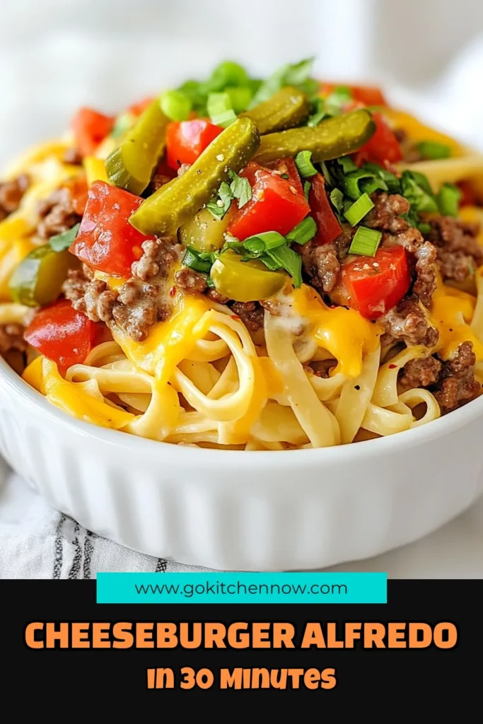 Indulge in the ultimate comfort food with this Loaded Cheeseburger Alfredo! This cheesy pasta recipe combines fettuccine Alfredo with ground beef for a satisfying meal that’s perfect for busy nights. Ready in just 30 minutes, it’s one of the easiest dinner recipes you can make! Creamy, cheesy, and loaded with flavor, this pasta dish will be a family favorite. Try it tonight and don’t forget to save! #CheeseburgerAlfredo #CheesyPastaRecipe #EasyDinnerRecipes #ComfortFoodPastaDish