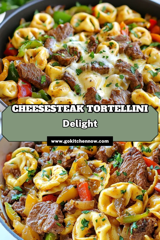 Looking for a delicious and easy skillet meal? Try this cheesy Cheesesteak Tortellini Skillet! This gourmet pasta skillet combines beef and cheese tortellini with juicy beefsteak, sautéed vegetables, and melty provolone cheese for a satisfying family dinner. Perfect for busy nights, this one pan recipe is ready in just 30 minutes. Save this cheesesteak tortellini recipe for your next meal prep! #easymeals #skilletrecipe #onepanmeals #pasta