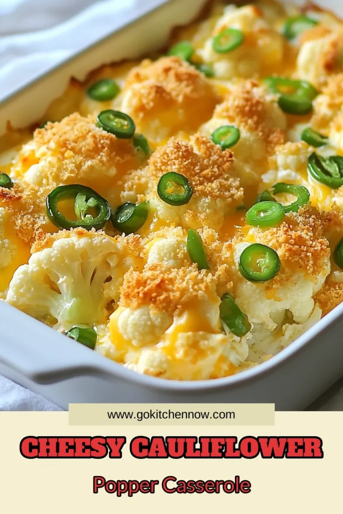 Looking for a delicious low carb meal? Try this Cauliflower Jalapeño Popper Casserole, a fantastic cauliflower casserole recipe that’s cheesy and satisfying. Perfect as a vegetarian casserole with jalapeños, it's packed with flavor and cheese. Ideal for weeknight dinners or meal prep! Don't miss out on this easy, tasty dish. Save this recipe now and enjoy these cheesy cauliflower recipes! #CauliflowerCasseroleRecipe #JalapenoPopperCasserole #LowCarb #VegetarianCasserole