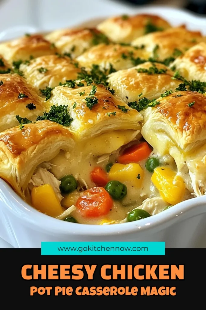 Discover the ultimate comfort food with this Cheesy Chicken Pot Pie Casserole! This easy chicken casserole recipe features tender chicken, creamy veggies, and flaky crescent rolls, making it a family favorite. Perfect for weeknight dinners, our creamy chicken and vegetable casserole is both delicious and simple to prepare. Save this recipe for a cozy meal that brings everyone together! #CheesyChickenPotPieCasserole #ChickenPotPieWithCrescentRolls #EasyChickenCasseroleRecipes #ComfortFoodCasseroles