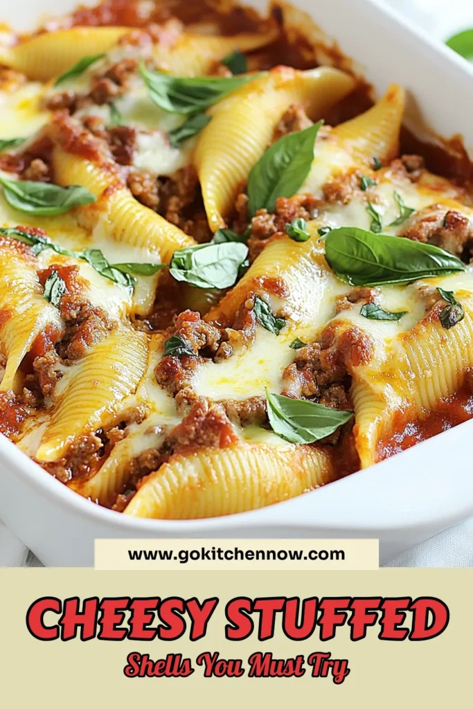 Discover the ultimate meaty stuffed shells recipe! These cheesy stuffed pasta shells are filled with a delicious mixture of ground beef, ricotta, and mozzarella cheeses. This easy pasta bake is perfect for family dinners and will impress everyone at your table. Try these ricotta and mozzarella stuffed shells today and make mealtime special. Don’t forget to save this recipe for later! #PastaRecipes #StuffedShells #DinnerIdeas #EasyRecipes