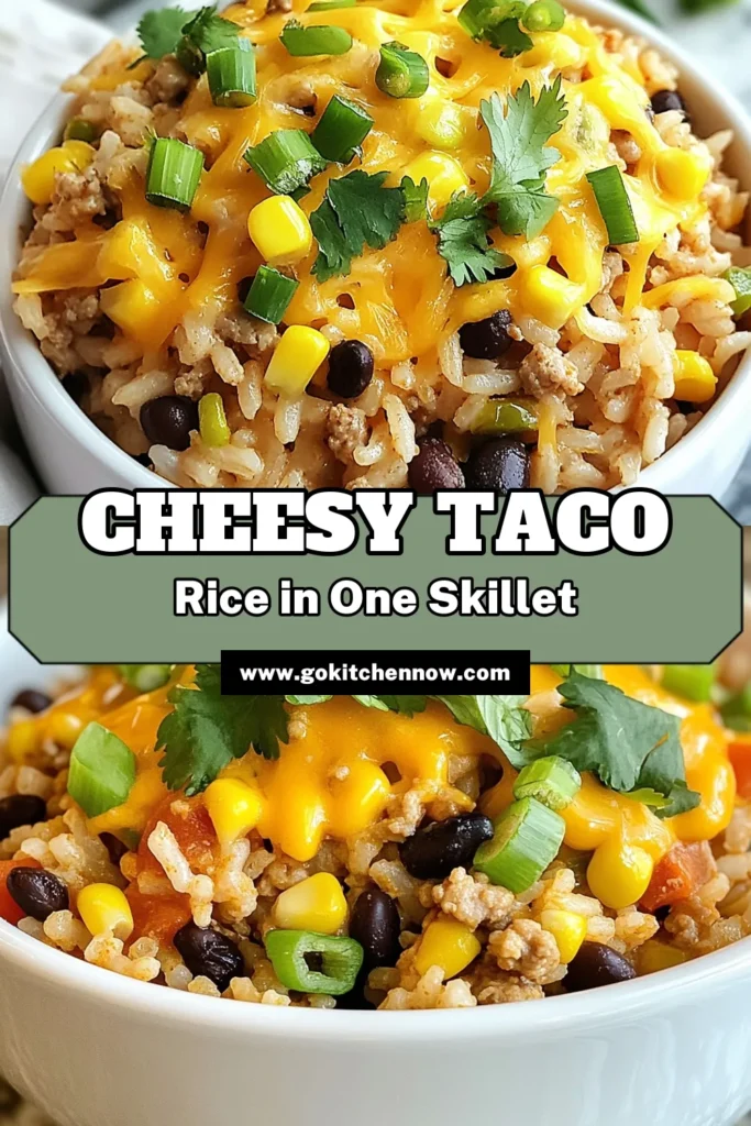 Discover the ultimate comfort food with this Cheesy Taco Rice Skillet! Perfect for busy nights, this easy taco rice recipe combines ground turkey, black beans, and cheesy goodness all in one pan. Enjoy a satisfying one-pan taco meal that's ready in just 35 minutes. Whether you're cooking for family or friends, this skillet dinner recipe will impress. Save this fantastic Cheesy Taco Rice Skillet for your next meal! #CheesyTacoRice #SkilletDinnerRecipes #EasyTacoRice #OnePanTacoMeal