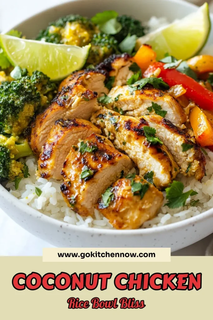 Discover the deliciousness of a Coconut Chicken Rice Bowl with this easy chicken dinner recipe! Using fragrant jasmine rice and creamy coconut milk, this healthy rice bowl is a perfect weeknight meal that comes together in just 30 minutes. Packed with juicy chicken, fresh veggies, and bursting with flavor, it's an ideal choice for any dinner table. Try this coconut milk recipe today and elevate your dinner game! Save the recipe for later! #CoconutChickenRiceBowl #EasyDinner #HealthyRecipes #JasmineRiceRecipe