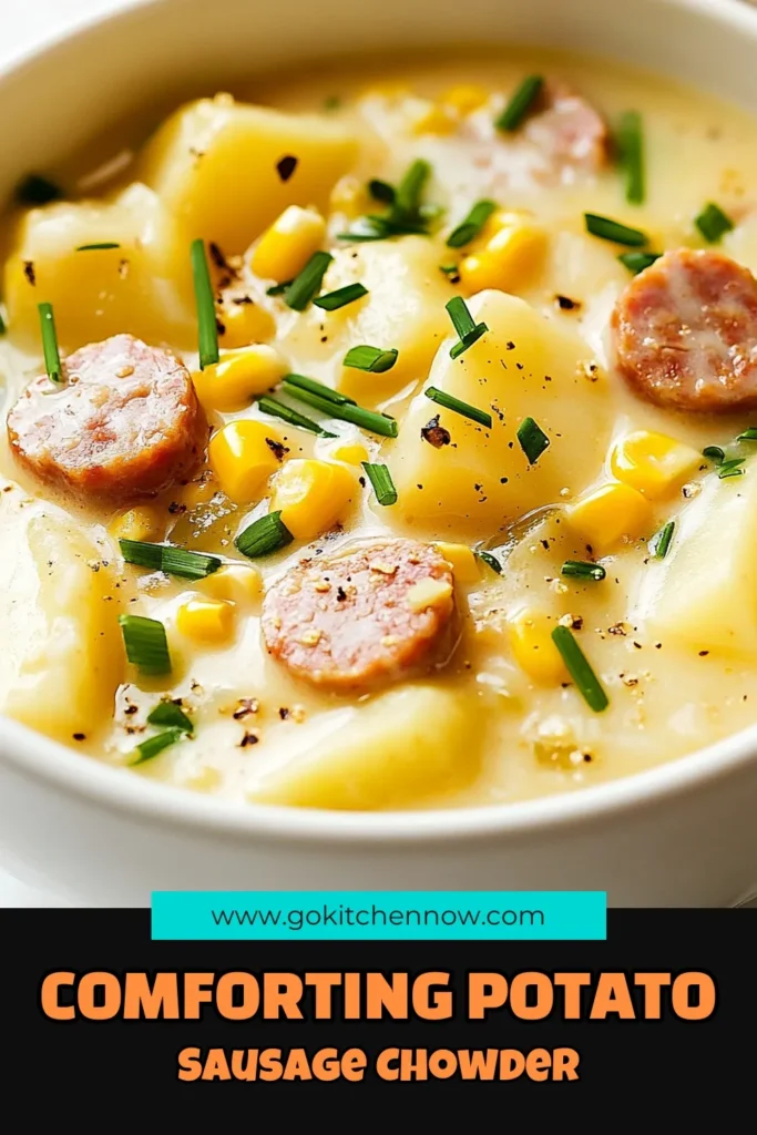 Warm up with a hearty potato sausage chowder that’s perfect for chilly days! This creamy potato soup is packed with flavor from smoked sausage and fresh corn, making it an easy winter chowder your family will love. Try this smoked sausage chowder recipe to enjoy a comforting meal in just 40 minutes. Don’t miss out—save this delicious chicken sausage soup recipe for your next cozy night in! #PotatoChowder #ComfortFood #WinterRecipes #EasyChowder