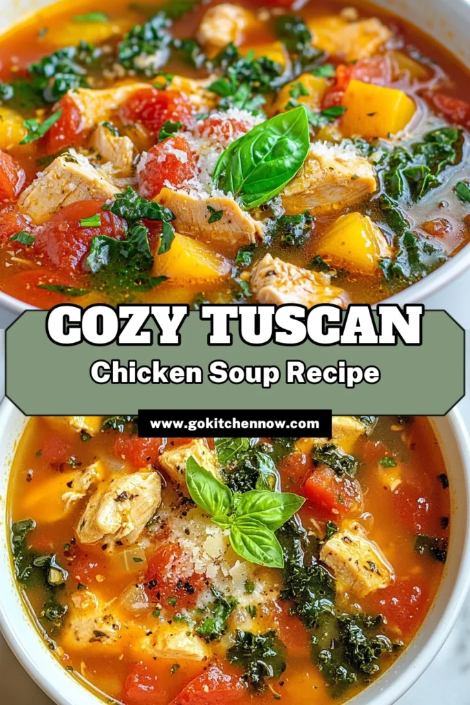 Warm up with this delicious Tuscan chicken soup, a healthy chicken soup packed with flavor and nutrition! This Italian chicken soup recipe features tender chicken, hearty kale, and creamy cannellini beans, making it perfect for any meal. Easy to make and ready in just 45 minutes, it's a comforting dish your family will love. Try this chicken soup with kale for a nutritious twist! Save this recipe now! #TuscanChickenSoup #HealthyChickenSoup #ItalianChickenSoup #CannelliniBeanSoup