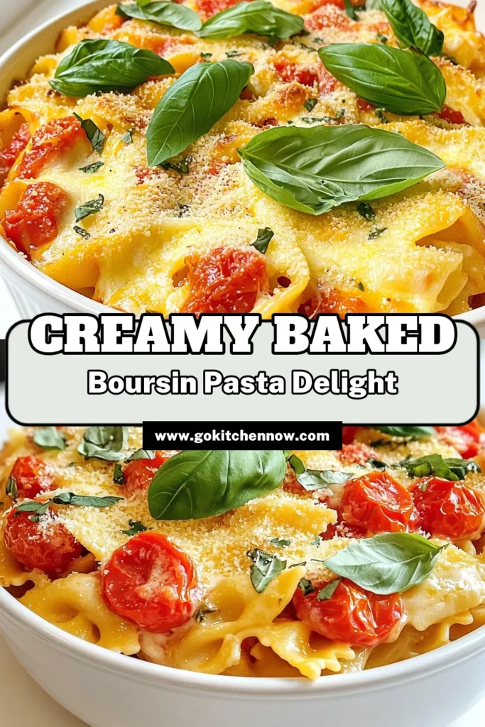 Indulge in this delicious Baked Boursin Tomato Pasta that's sure to impress! With creamy Boursin cheese, savory crushed tomatoes, and perfectly cooked pasta, this recipe is a must-try for your next meal. Ready in under an hour, it's perfect for weeknight dinners or entertaining guests. Click through for the full recipe and enjoy a comforting dish full of flavor! #PastaRecipes #BakedPasta #BoursinCheese #ComfortFood