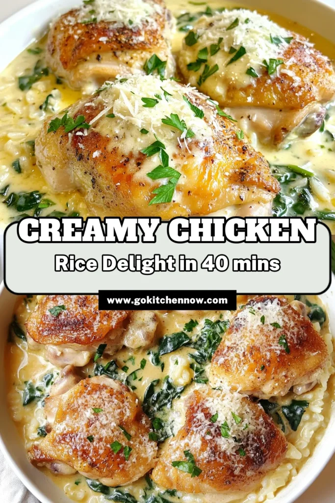 Looking for a comforting dinner idea? Try this creamy chicken and rice dish that brings delicious flavors and simplicity to your table. Our smothered chicken recipe features tender chicken thighs with spinach, simmered to perfection in a creamy sauce. This one-pot creamy chicken dish is ideal for busy nights, bringing warmth and satisfaction to your home. Save this recipe for an easy, comforting meal tonight! #CreamyChickenAndRice #SmotheredChickenRecipe #ComfortFood #OnePotMeal