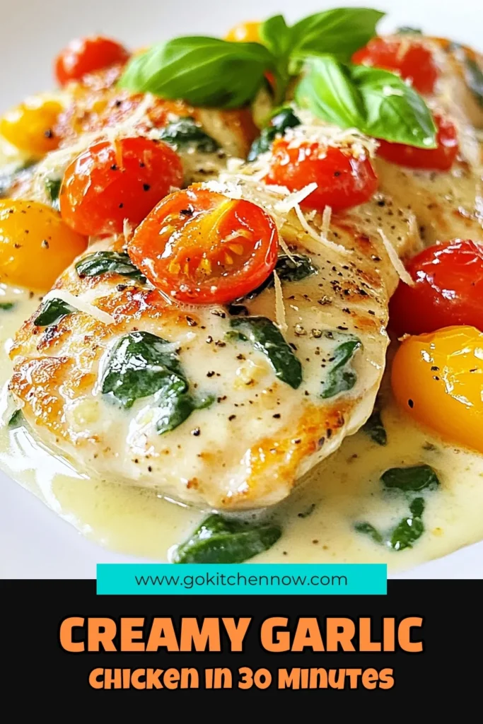 Indulge in this Creamy Garlic Tuscan Chicken recipe that transforms dinner into a gourmet experience. This easy chicken dinner features tender chicken breasts, aromatic garlic, and vibrant spinach in a rich, creamy sauce. Perfect for busy nights, this creamy chicken recipe is a must-try! Serve it over pasta or with garlic bread for a complete meal. Save this Garlic Chicken with Spinach recipe for your next dinner! #TuscanChickenRecipe #CreamyChickenRecipes #EasyChickenDinner #GarlicChicken