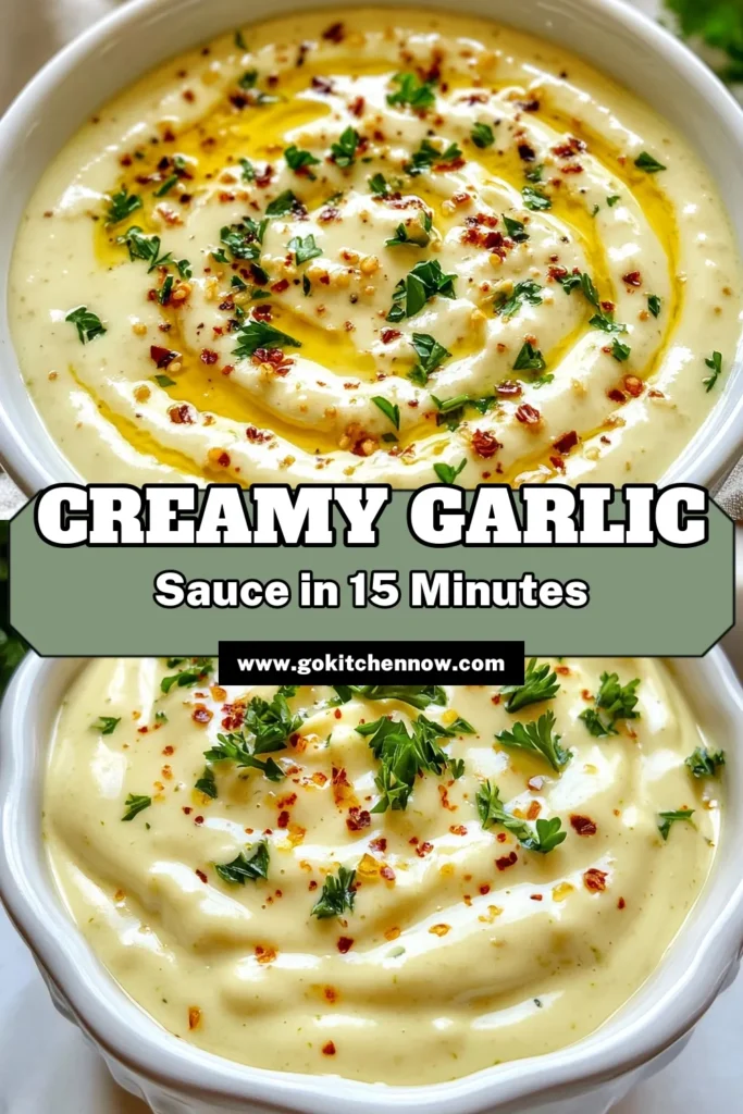 Discover the ultimate creamy garlic sauce recipe that’s perfect for pasta and more! This homemade garlic sauce combines heavy cream, minced garlic, and spices for an easy creamy sauce that elevates any meal. Whip up this garlic dream sauce in just 15 minutes and impress your dinner guests. Don’t miss out on adding this delicious creamy sauce to your recipe collection! Save for later! #CreamyGarlicSauce #EasySauce #GarlicDreamSauce #HomemadeSauce