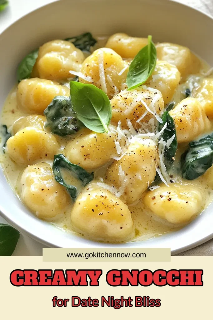 Looking for the perfect date night dinner idea? Try this creamy gnocchi recipe that’s sure to impress! Made with tender potato gnocchi and a luscious garlic cream sauce, this easy pasta recipe comes together in just 30 minutes. With fresh spinach and savory Parmesan, it’s both delicious and simple. Make your evening special and save this creamy date night gnocchi for your next romantic meal! #CreamyGnocchi #DateNightDinner #EasyPastaRecipes #PotatoGnocchi
