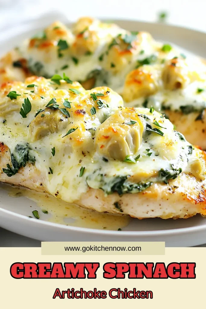 Looking for a delicious and easy weeknight dinner recipe? Try this Spinach Artichoke Chicken! Packed with flavor, this creamy spinach artichoke casserole features tender chicken breasts topped with a cheesy spinach-artichoke mixture. It's a healthy chicken breast recipe that your whole family will love. Perfect for busy evenings! Save this easy chicken bake for your next meal plan. #SpinachArtichokeChicken #WeeknightDinner #HealthyRecipes #EasyChickenBake