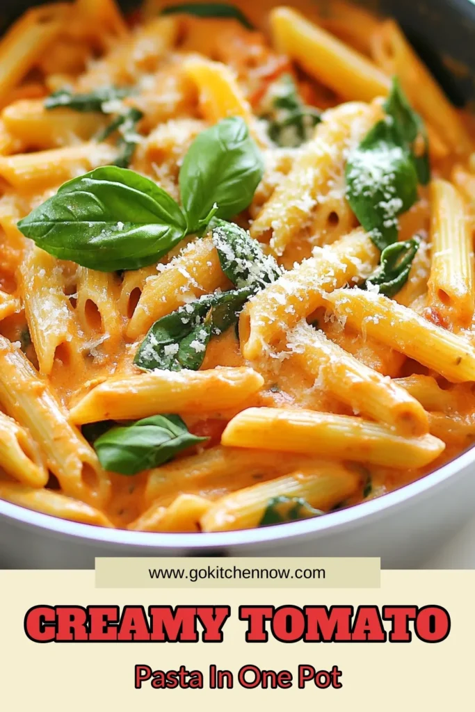 Looking for a quick weeknight dinner? Try this one-pot creamy tomato pasta! This easy tomato pasta recipe combines pasta with crushed tomatoes and cream, creating a rich and satisfying meal. Toss in creamy pasta with spinach for added flavor and nutrition. Ready in just 30 minutes, this dish is perfect for busy evenings. Save this one-pot creamy tomato pasta recipe for your next dinner! #OnePotPasta #EasyDinner #TomatoPasta #PastaRecipe