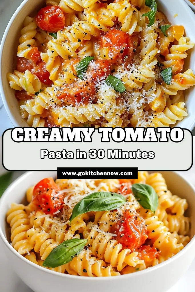 Indulge in this Creamy Tomato Pasta Recipe that’s perfect for any night of the week. This Easy Tomato Basil Pasta combines rich flavors with a quick cooking time, making it a go-to Comfort Food Pasta Recipe. Looking for a vegan twist? Try the Vegan Tomato Basil Pasta version with coconut cream. Whip up this Quick Creamy Pasta Dish in just 30 minutes! Save this recipe for a delightful meal. #PastaRecipe #VeganRecipes #ComfortFood #TomatoBasilPasta