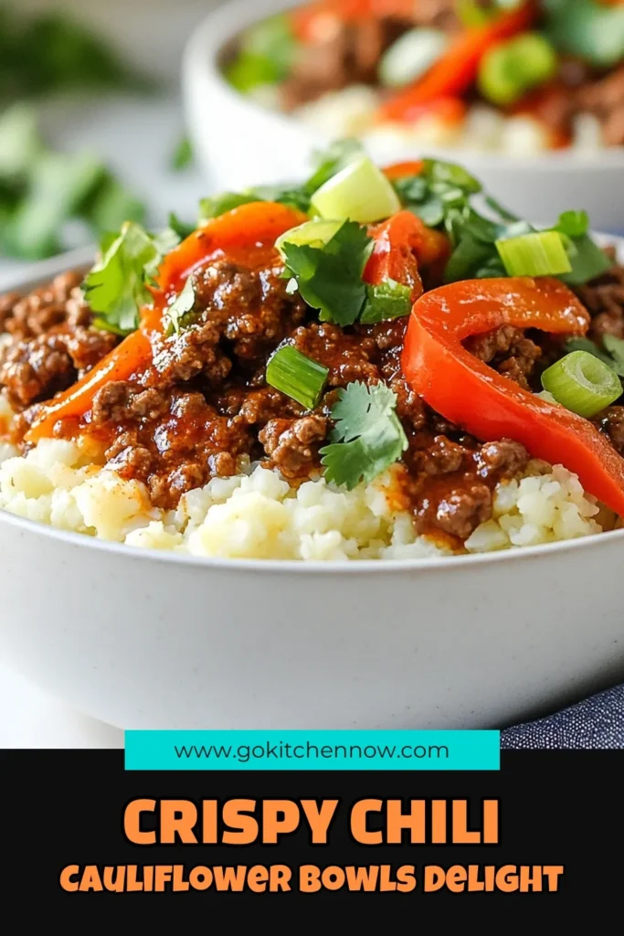 Discover the deliciousness of Crispy Chili Ground Beef Bowls with this easy Cauliflower Rice Recipe! This Low Carb Beef Bowl is a healthy twist featuring ground beef and cauliflower, perfect for a satisfying dinner. Packed with flavors and ready in just 25 minutes, it’s an ideal meal for busy weeknights. Try this Healthy Chili Beef Dinner tonight! Save and share! #LowCarb #HealthyEating #GroundBeefRecipes #CauliflowerRice