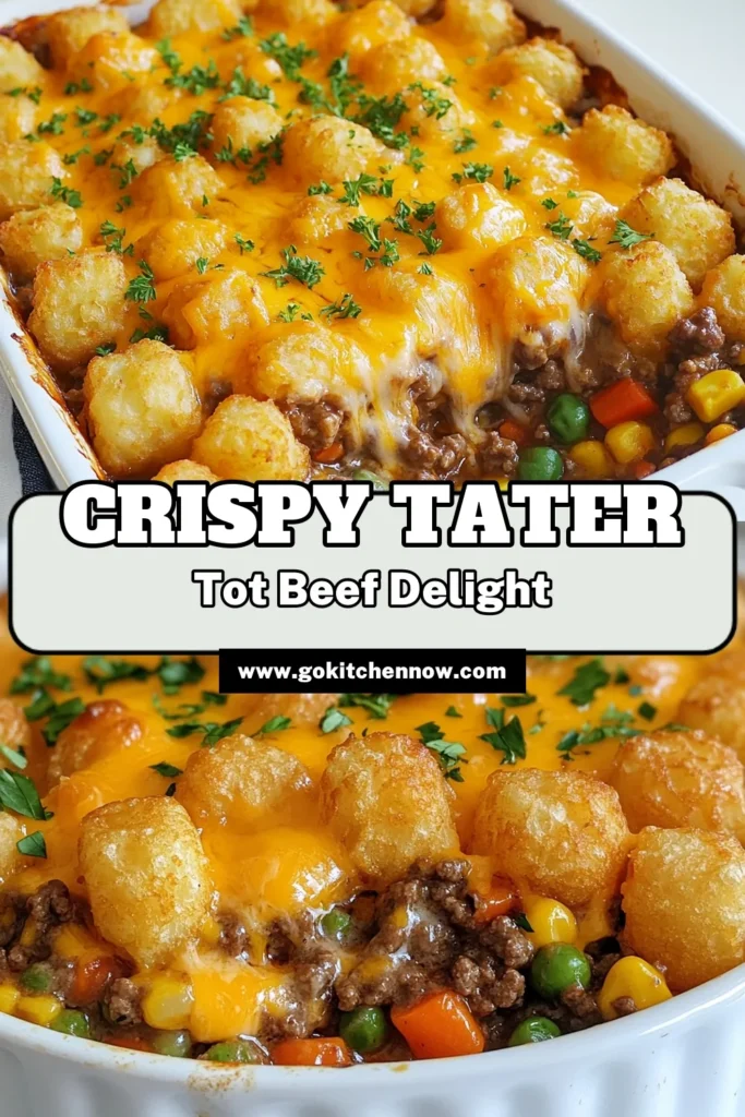 Delight your family with this easy and delicious Tater Tot Beef Casserole! This comforting dish combines ground beef and frozen veggies with creamy goodness, topped with crispy tater tots and melted cheese. Perfect for a quick family dinner, this cheesy tater tot casserole is sure to please everyone at the table. Try this easy beef casserole recipe tonight! Save and share for future meals! #TaterTotBeefCasserole #QuickDinner #CasseroleRecipes #ComfortFood