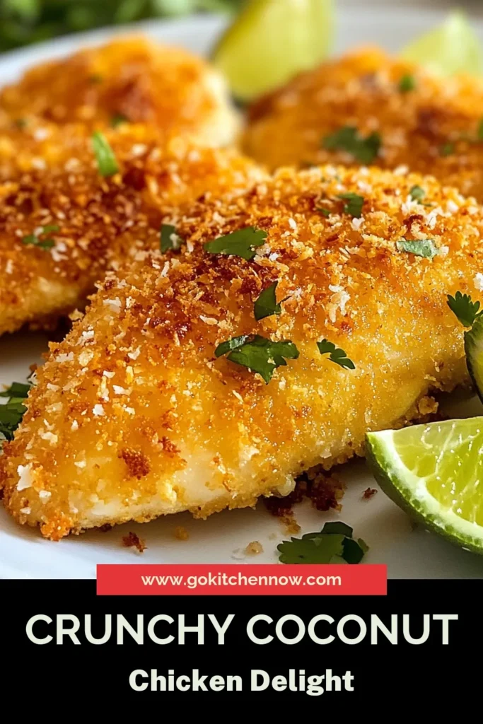 Indulge in this delicious Coconut Crusted Chicken recipe that's perfect for an easy chicken dinner! Coated with crispy panko breadcrumbs and shredded coconut, this chicken breast recipe brings a tropical twist to fried chicken with coconut. Simply follow the easy steps to create a flavorful dish that's sure to impress. Save this Coconut Crusted Chicken recipe for your next meal! #ChickenDinner #CoconutCrustedChicken #EasyRecipes #FriedChicken