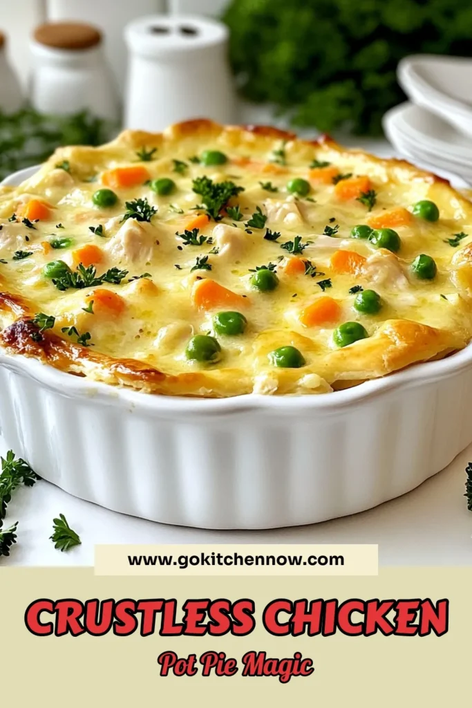 Discover the joy of a comforting meal with this crustless chicken pot pie! This easy chicken pot pie recipe offers all the classic flavors without the crust, making it a healthy chicken pot pie alternative. Whip up this quick chicken dinner recipe in just 45 minutes. Perfect for busy weeknights! Don’t forget to save this recipe for a deliciously simple dinner option. #CrustlessChickenPotPie #ChickenPotPie #HealthyDinner #QuickRecipes