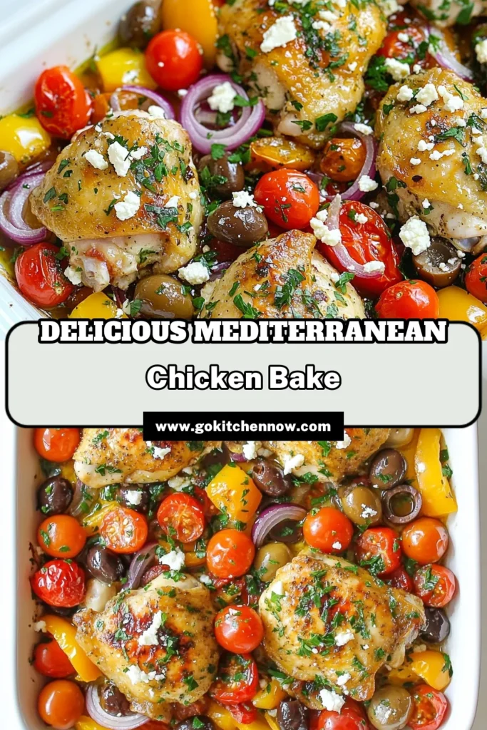 Discover this delicious Mediterranean chicken recipe that features baked chicken thighs topped with savory feta cheese. This healthy Mediterranean dinner is a one-pan chicken bake that combines juicy chicken with vibrant veggies like cherry tomatoes, olives, and bell peppers. Perfect for a quick weeknight meal. Try it out and savor the flavors of the Mediterranean! Save this recipe for later! #MediterraneanChicken #HealthyDinner #OnePanMeal #ChickenBake