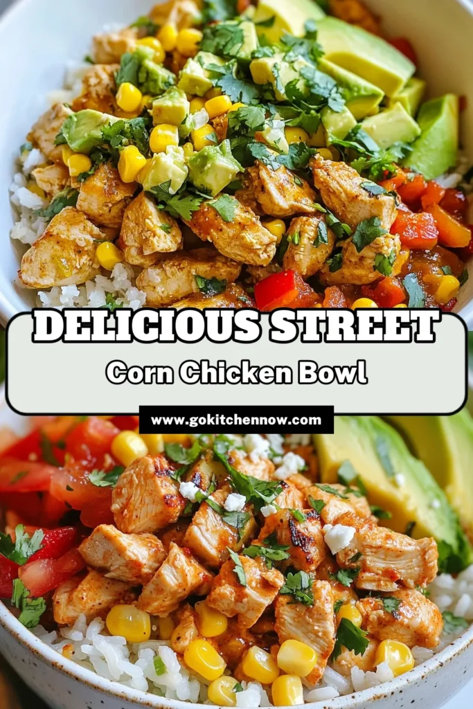 Discover the deliciousness of this Street Corn Chicken Bowl, a perfect blend of flavors in an easy chicken bowl recipe! This healthy rice bowl features tender chicken, charred corn, and fresh veggies topped with creamy avocado and crumbled cotija cheese. It’s a fantastic Mexican Street Corn Bowl that’s quick to make and packed with nutrients. Try this Corn Chicken Recipe for a delightful meal tonight! Save for later! #StreetCornChickenBowl #HealthyRecipe #EasyChickenBowl #MexicanCuisine