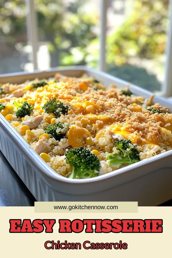 Discover the ultimate easy chicken dinner recipe with this delicious rotisserie chicken casserole! Packed with shredded rotisserie chicken, cooked quinoa, steamed broccoli, and creamy cheese, this creamy chicken casserole recipe is perfect for busy weeknights. Try this quinoa chicken casserole tonight and enjoy the comforting flavors of broccoli cheese casserole. Perfect for feeding the whole family! Save this recipe now! #RotisserieChickenCasserole #EasyChickenDinner #QuinoaChickenCasserole #CreamyChickenCasserole