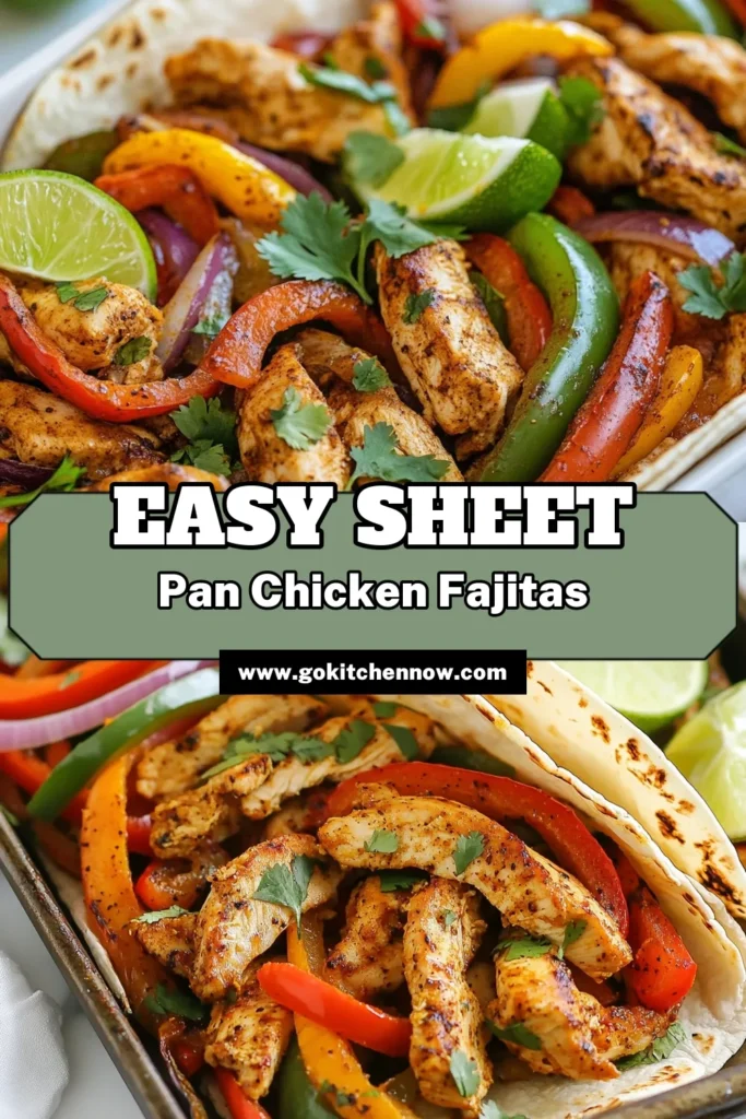 Looking for a quick and healthy dinner? Try these sheet pan chicken fajitas, ready in just 30 minutes! This easy chicken fajitas recipe features tender chicken and colorful veggies, making it a perfect one pan fajitas meal. Baked fajitas with veggies are not only delicious but also nutritious! Don't forget to save this recipe for a busy weeknight dinner. Enjoy a fiesta tonight! #SheetPanChickenFajitas #EasyFajitasRecipe #HealthyFajitas #OnePanMeal