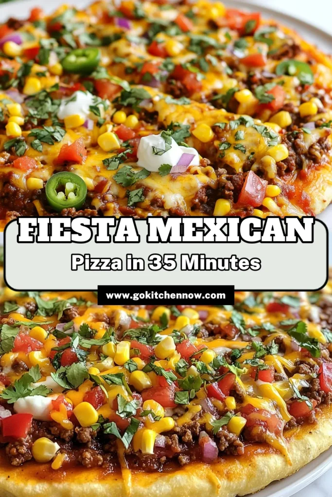 Indulge in this easy homemade Fiesta Mexican Pizza that combines the best of a taco and pizza! This Mexican pizza recipe features a crispy crust topped with refried beans, seasoned beef, vibrant veggies, and heaps of cheesy goodness. Perfect for a family dinner or a fiesta night, this cheesy Mexican pizza is a crowd-pleaser. Try this taco pizza with refried beans today and satisfy those cravings! Save for later! #MexicanPizza #TacoPizza #PizzaRecipe #EasyRecipes