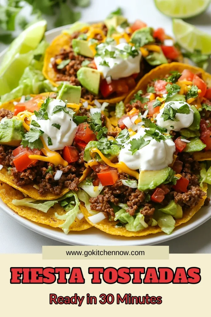 Looking for a quick and delicious meal? Try this easy beef tostadas recipe! These ground beef tostadas bring the fiesta to your table with layers of seasoned beef, refried beans, and fresh toppings. Perfect for taco nights or gatherings, this Mexican tostadas recipe is a hit for everyone. Make your dinner memorable with these fiesta tostadas! Save this recipe for later! #BeefTostadasRecipe #EasyTacoTostadas #GroundBeefTostadas #MexicanTostadasRecipe