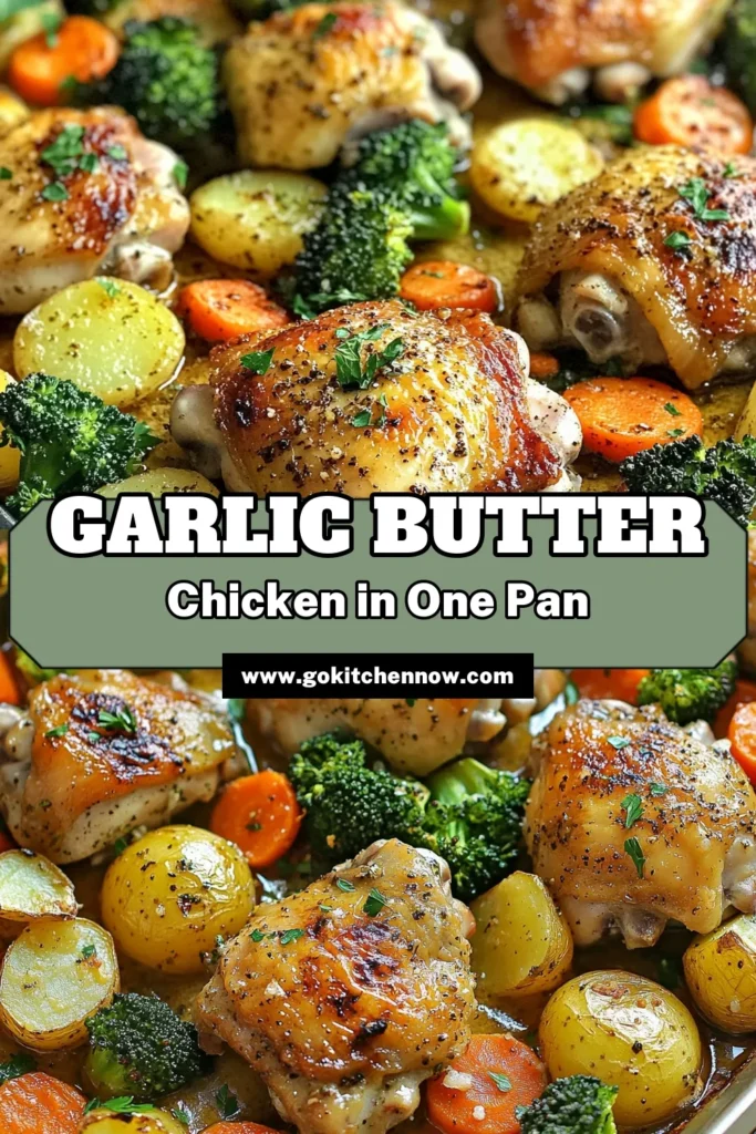 Looking for an easy and delicious dinner? Try this Sheet Pan Garlic Butter Chicken and Veggies! This one pan dinner recipe combines juicy garlic butter chicken thighs with vibrant veggies for a healthy sheet pan meal that is perfect for busy nights. It's a simple and satisfying Sheet Pan Chicken Recipe that your family will love. Don't miss out—save this Easy Chicken and Veggies recipe for your next meal plan! #SheetPanChicken #GarlicButterChicken #OnePanDinner #HealthyEating