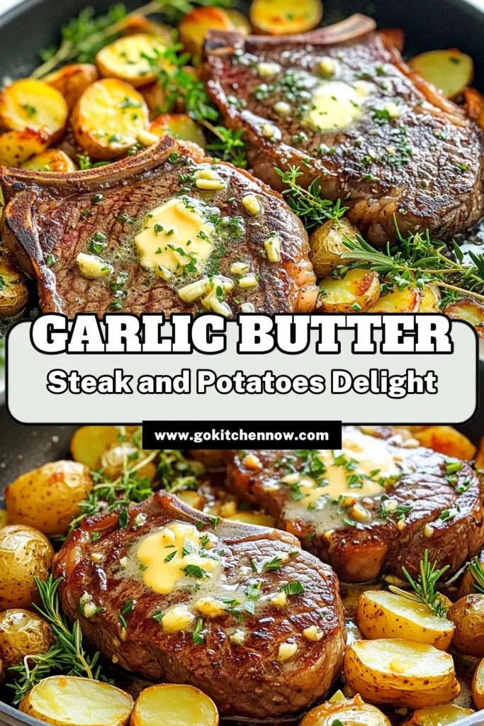 Indulge in the mouthwatering flavors of Garlic Butter Steak & Potatoes Skillet with this easy recipe! Perfectly seared ribeye steaks meet crispy potatoes, all brought together in a delicious garlic herb butter sauce. Whether you're cooking for a special occasion or a cozy dinner at home, this dish is sure to impress. Click through to explore the full recipe and elevate your mealtime! #GarlicButterSteak #SteakDinner #OnePanMeals #EasyRecipes