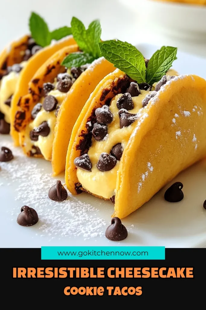 Indulge in the deliciousness of cheesecake cookie dough tacos, a unique take on dessert! These easy dessert tacos combine the sweetness of no-bake cheesecake cookies and fun taco-shaped cookie recipes. Perfect for any occasion, they feature a creamy cream cheese filling and chocolate chip goodness wrapped in a delightful taco shell. Try this irresistible treat today and impress your friends! #CheesecakeTacos #DessertTacos #CookieRecipes #NoBakeDesserts
