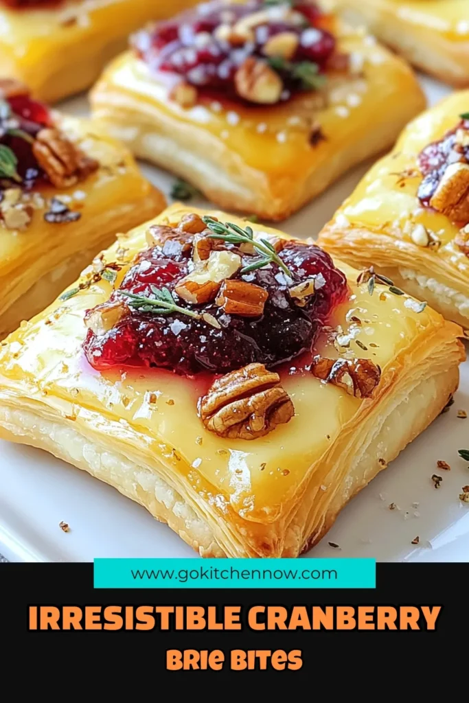 Indulge in these delicious baked cranberry brie bites, a must-try for your holiday party appetizers! These puff pastry appetizers are easy to make and packed with creamy brie cheese and tangy cranberry sauce. Perfect for gatherings or a tasty cranberry sauce snack anytime. Enjoy impressing your guests with this simple yet elegant recipe. Try it today and save for your holiday menu! #BakedCranberryBrieBites #PuffPastryAppetizers #EasyBrieRecipes #HolidayPartyAppetizers