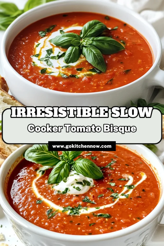 Warm up your kitchen with this mouth-watering Slow Cooker Tomato Basil Bisque! This creamy soup combines crushed tomatoes, fresh herbs, and vegetables, creating a deliciously comforting meal with minimal effort. Perfect for busy days, it's easy to make and simply divine. Want to impress your family or guests? Click through now to explore the full recipe and elevate your dinner game! #SlowCooker #TomatoBisque #ComfortFood #SoupRecipes
