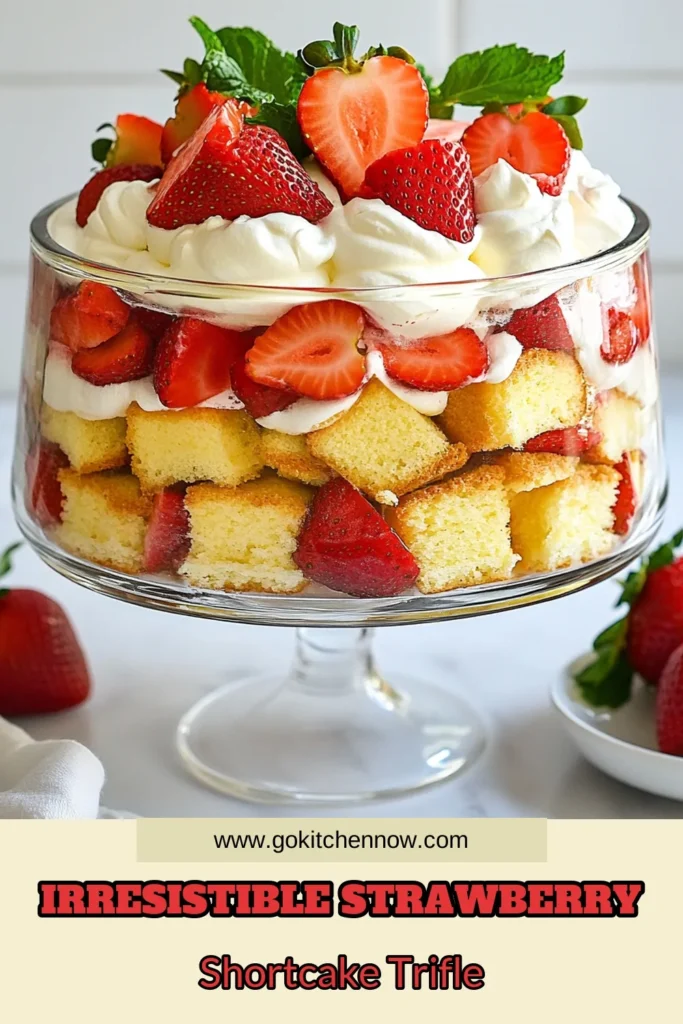 Indulge in this delicious strawberry shortcake trifle, a fresh strawberry dessert that's both easy to make and perfect for any occasion. This easy trifle recipe combines layers of light pound cake, juicy strawberries, and fluffy whipped cream to create a stunning layered dessert. Impress your guests with this crowd-pleaser! Save this recipe for your next gathering! #StrawberryShortcakeTrifle #LayeredDessertRecipes #FreshStrawberryDessert #WhippedCreamTrifle