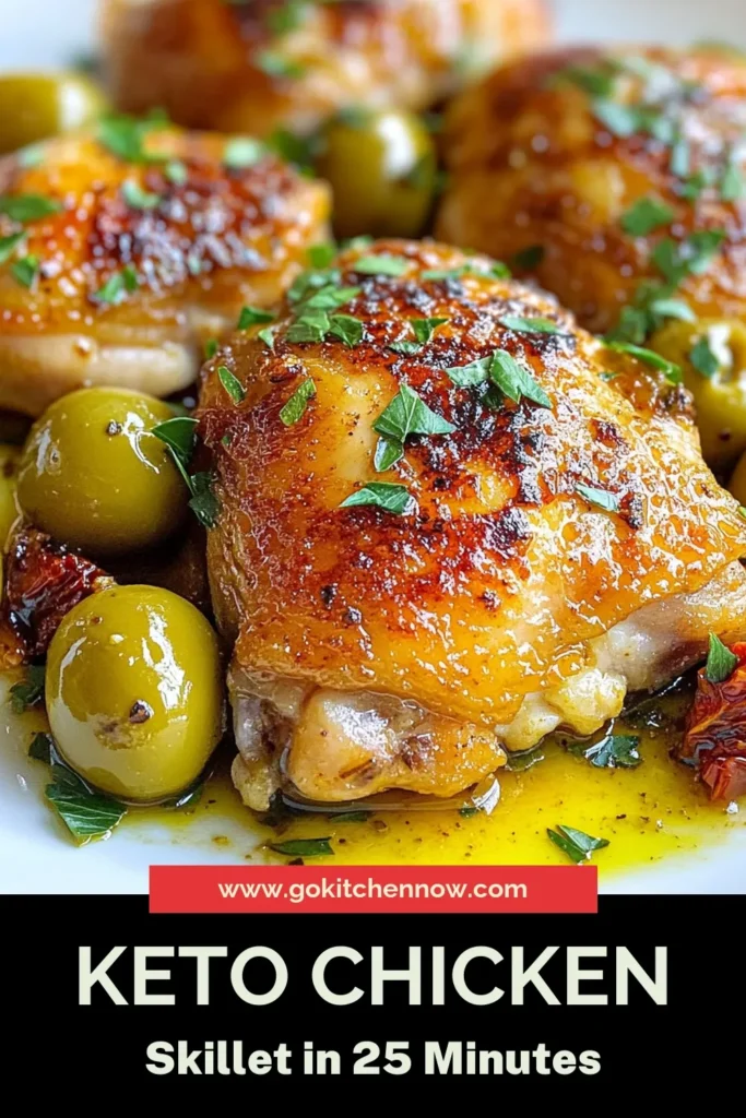 Discover this delicious Keto Chicken Olive Skillet, a must-try keto chicken recipe that will elevate your dinner game! Featuring juicy low-carb chicken thighs, savory green olives, and sun-dried tomatoes, this Mediterranean chicken skillet combines flavors your family will love. Perfect for quick keto dinner ideas, it’s ready in just 25 minutes. Save this recipe now for a healthy, satisfying meal! #KetoChickenRecipe #OliveSkilletChicken #LowCarbChickenThighs #KetoDinnerIdeas