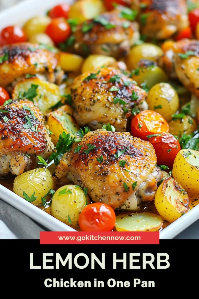Discover the ultimate comfort meal with this sheet pan lemon herb chicken! This easy chicken thighs recipe combines juicy roasted chicken and potatoes, all cooked in one pan for a hassle-free dinner. Marinated in a zesty lemon garlic mixture, this dish is perfect for busy weeknights. Get your taste of a flavorful one pan chicken and vegetables dish today! Try this lemon garlic chicken recipe for your next family meal. Save this recipe now! #SheetPanMeals #EasyRecipes #ChickenDinner #HealthyEating