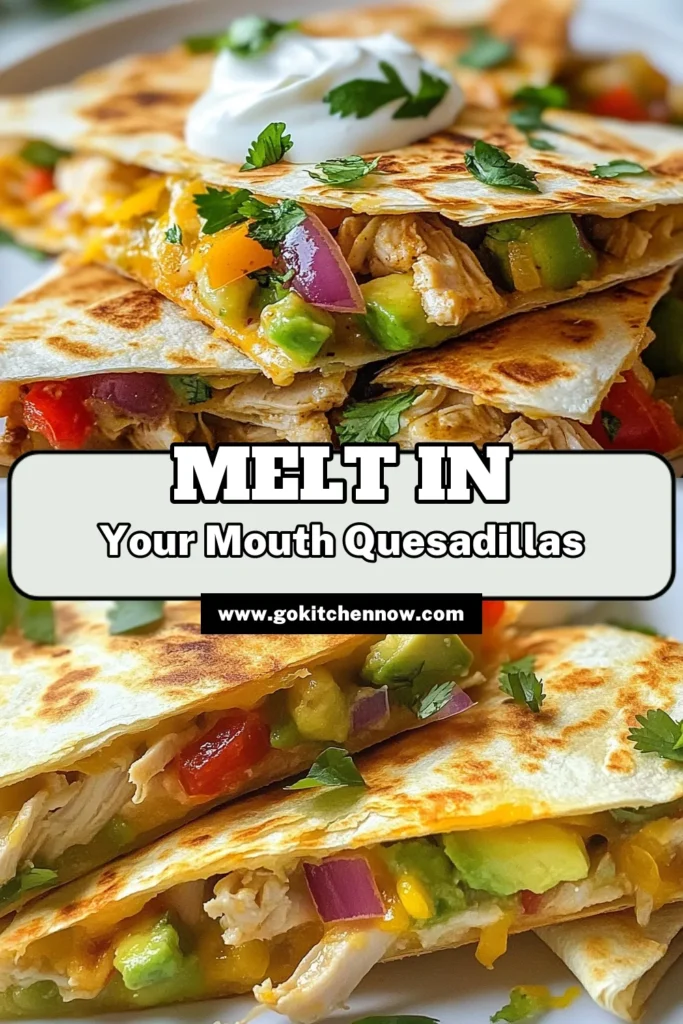 Indulge in these savory chicken quesadillas with a twist! This easy chicken avocado quesadilla recipe combines tender shredded chicken, creamy mashed avocado, and melted cheese into a delicious treat. Perfect for lunch or dinner, these chicken and avocado tortillas are a crowd-pleaser. Ready in just 30 minutes, they’re simple to make and sure to impress. Save this cheesy chicken quesadilla recipe for a tasty meal! #Quesadilla #ChickenRecipes #AvocadoLovers #EasyRecipes