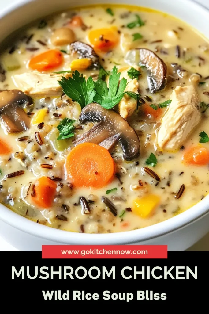 Warm up with this delicious Mushroom Chicken Wild Rice Soup! This creamy chicken soup bursts with rich flavors and is packed with healthy ingredients, making it the perfect hearty soup recipe for chilly days. Enjoy tender chicken, earthy mushrooms, and nutritious wild rice in every comforting bowl. Don’t miss out—try this healthy chicken soup recipe today and elevate your meal prep! Save for later and share your thoughts! #MushroomChickenSoup #WildRiceSoupRecipe #CreamyChickenSoup #HeartySoupRecipes