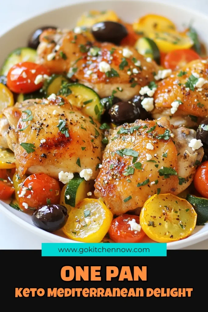 Discover the flavors of the Mediterranean with this Keto Mediterranean Chicken Skillet! This easy keto dinner features juicy chicken thighs with vegetables, making it a delicious low carb chicken skillet that's perfect for your weekly meal prep. Packed with zucchini, bell peppers, cherry tomatoes, and topped with feta, this Mediterranean diet recipe is a must-try. Save this recipe for a healthy dinner tonight! #KetoMediterraneanChicken #LowCarbChickenSkillet #EasyKetoDinner #MediterraneanDietRecipe