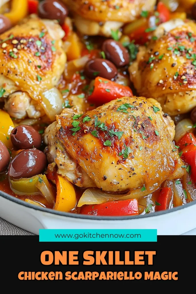 Discover the delicious Chicken Scarpariello recipe that transforms simple ingredients into a flavorful one skillet chicken thighs dinner! This Italian chicken skillet features spicy chicken with olives, colorful bell peppers, and zesty seasonings, perfect for an easy chicken dinner recipe. Ready in just 40 minutes, this dish is a surefire way to impress your family. Save this recipe for your next meal! #ChickenScarpariello #EasyDinner #ItalianRecipes #SkilletCooking
