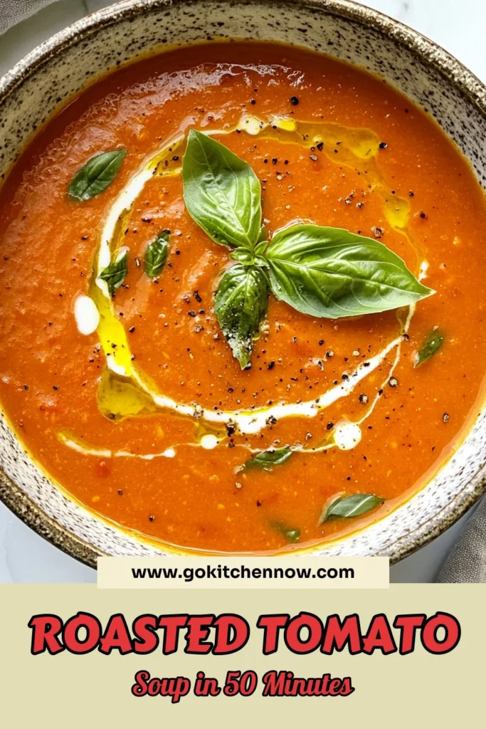 Discover the joy of making easy roasted tomato soup with this simple homemade tomato soup recipe! This healthy tomato soup combines roasted tomatoes, onion, and garlic for a rich flavor, enhanced by vegetable broth. Perfect for cozy nights, this roasted tomato soup with basil will warm your heart. Don’t miss out on this comforting dish! Save this recipe for later and enjoy delicious homemade soup anytime. #EasyRoastedTomatoSoup #HomemadeTomatoSoup #HealthyTomatoSoup #RoastedTomatoSoupWithBasil