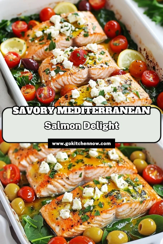 Discover the flavors of the Mediterranean with this Mediterranean baked salmon topped with feta cheese! This healthy salmon dish is not only delicious but also easy to whip up, making it a favorite among quick salmon recipes. Packed with Kalamata olives and cherry tomatoes, this baked salmon with olives is a perfect weeknight dinner. Try this simple, flavorful recipe and elevate your meal tonight! #MediterraneanBakedSalmon #FetaCheeseRecipes #HealthySalmonDishes #QuickSalmonRecipes