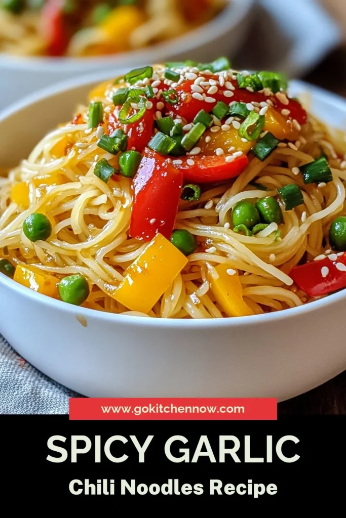 Craving a quick spicy noodle dish? Try this delicious Spicy Garlic Chili Noodles recipe! Packed with vibrant vegetables and a rich sauce, these vegetarian chili noodles are a flavorful rice noodle stir-fry that's ready in just 20 minutes. Perfect for busy weeknights, this chili garlic noodle recipe is sure to spice up your dinner. Save this recipe for an easy meal anytime! #SpicyGarlicNoodles #ChiliGarlicNoodleRecipe #VegetarianRecipes #QuickEats