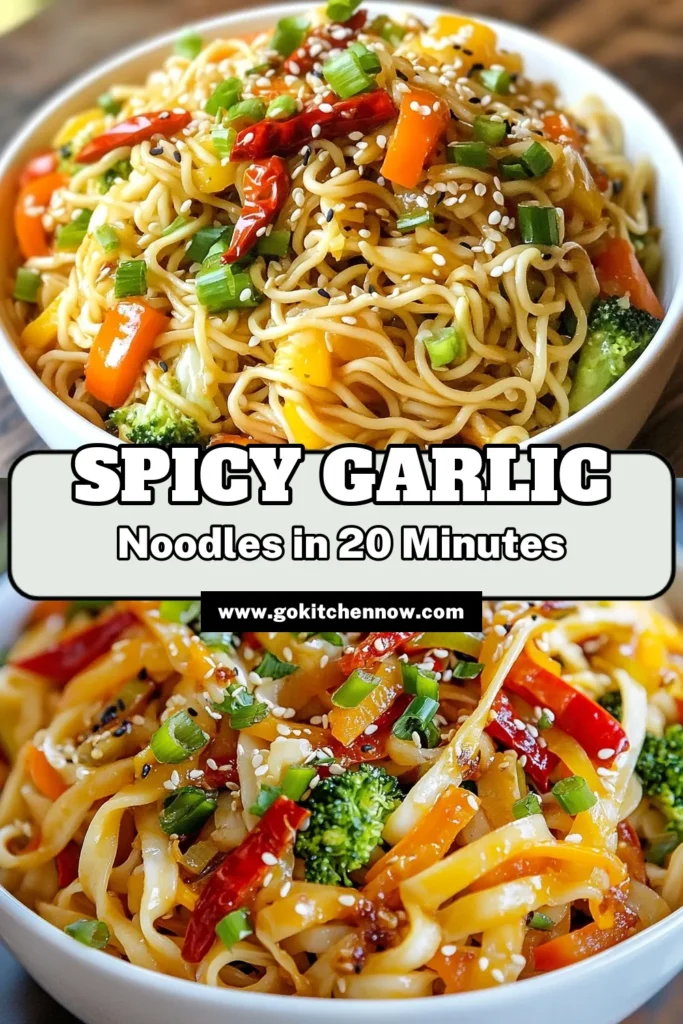 Craving a delightful meal? Try these spicy garlic chili noodles! This quick vegetarian noodles recipe features rice noodles stir-fried with garlic, ginger, and vibrant vegetables. Perfect for a fast weeknight dinner, this easy chili noodle recipe is bursting with flavor. In just 20 minutes, you can enjoy a satisfying stir-fry noodle dish that impresses. Don’t wait—save this recipe for later! #SpicyGarlicChiliNoodles #VegetarianNoodles #QuickDinner #EasyRecipes