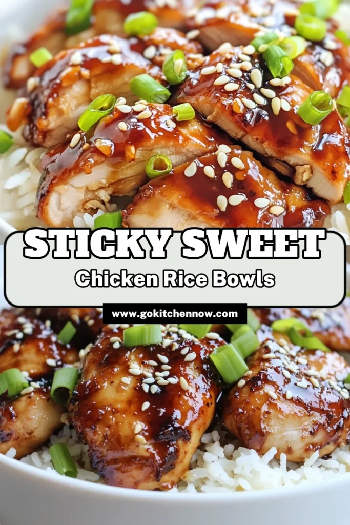 Savor the flavors of Sticky Chicken Rice Bowls with this easy jasmine rice recipe! Marinated in a delicious chicken marinade with honey, this easy chicken thigh recipe delivers a sweet and savory punch. Perfect for a quick dinner, these Asian-inspired rice bowls are sure to impress family and friends. Check out the recipe and elevate your weeknight meals today! Save for later! #StickyChickenRiceBowls #EasyRecipe #AsianInspired #JasmineRice