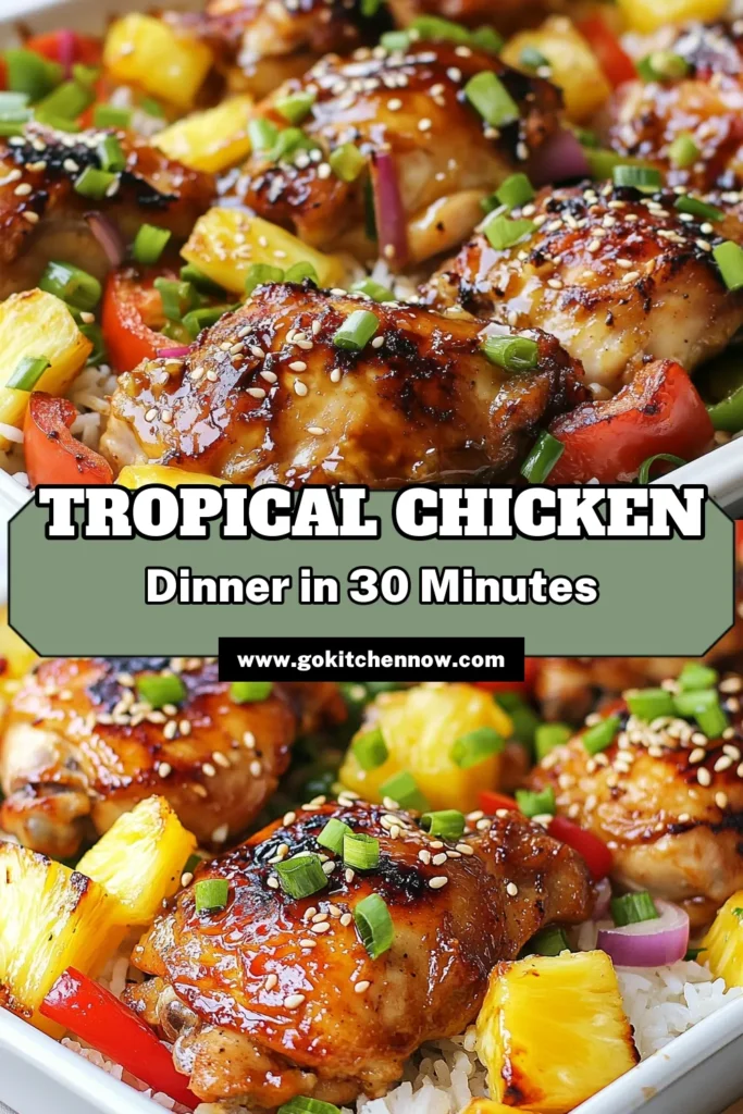 Transform dinner time with this Hawaiian chicken sheet pan dinner that brings a taste of the tropics to your table! This easy sheet pan dinner features juicy baked chicken thighs with vibrant vegetables and sweet pineapple chunks. This simple tropical chicken recipe makes mealtime a breeze. Perfect for busy nights, your family will love this flavorful pineapple chicken dish. Save this recipe for your next meal! #HawaiianChicken #SheetPanDinner #TropicalRecipe #EasyDinnerIdeas