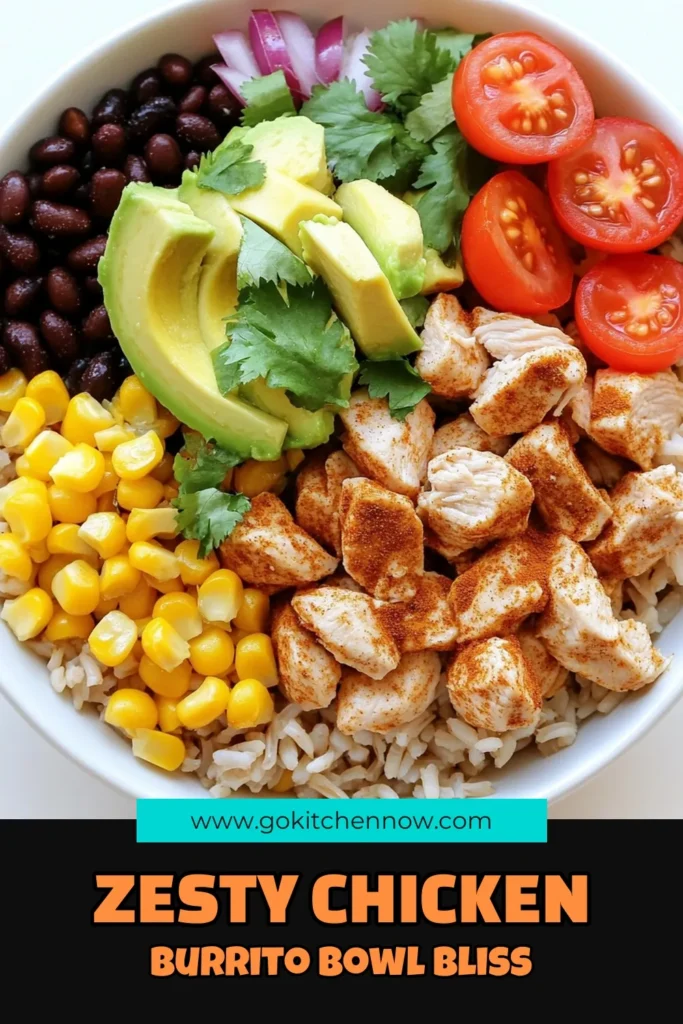 Craving a quick and tasty meal? Dive into this Zesty Chicken Burrito Bowl recipe! Packed with juicy chicken, brown rice, black beans, fresh veggies, and topped with creamy avocado, it's both delicious and easy to make. Perfect for dinner or meal prep, this flavorful bowl will satisfy your hunger and excite your taste buds. Click through for the full recipe and get ready to enjoy a zesty feast tonight! #ChickenBurritoBowl #HealthyEating #EasyRecipes #DinnerIdeas
