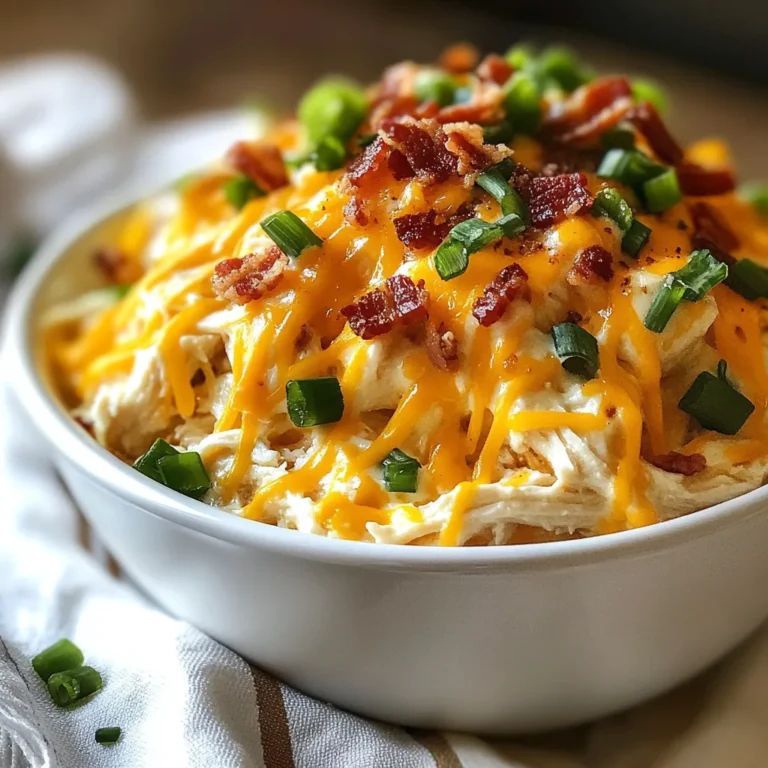 - 2 pounds boneless, skinless chicken thighs - 1 packet ranch dressing seasoning mix - 8 ounces cream cheese, softened - 1 cup shredded cheddar cheese - 1/2 cup green onions, chopped - 1/2 cup bacon bits (optional for crunch) - 1 tablespoon garlic powder - 1 tablespoon onion powder - Salt and pepper to taste When I make Keto Crack Chicken, I love using boneless, skinless chicken thighs. They stay juicy and cook well. The ranch dressing mix adds a tasty kick. Cream cheese makes it rich and smooth. Don't forget the cheddar cheese; it melts beautifully. Green onions give a fresh touch, while bacon bits add a nice crunch. - Extra shredded cheddar cheese - Additional chopped green onions - Sliced jalapeños for heat - Sour cream for creaminess Feel free to get creative with toppings! Adding more cheese makes it even more decadent. Chopped green onions bring color and flavor. If you like spice, jalapeños are a fun choice. A dollop of sour cream can make each bite even better. This dish is great for a low-carb diet. Each serving has protein and healthy fats. The chicken provides lean protein, while cream cheese and cheddar add healthy fats. Overall, it's a filling meal that fits into a keto plan. - Approximate calories per serving: 400 - Carbohydrates: 3 grams - Protein: 30 grams - Fat: 30 grams This dish is not only tasty but also keeps you full without the carbs. It’s perfect for a busy weeknight or a hearty family dinner. {{ingredient_image_1}} First, gather all your ingredients. You will need: - 2 pounds boneless, skinless chicken thighs - 1 packet ranch dressing seasoning mix - 8 ounces cream cheese, softened - 1 cup shredded cheddar cheese - 1/2 cup green onions, chopped - 1/2 cup bacon bits (optional for crunch) - 1 tablespoon garlic powder - 1 tablespoon onion powder - Salt and pepper to taste Next, place the chicken thighs into your slow cooker or Instant Pot. Sprinkle the ranch mix, garlic powder, onion powder, salt, and pepper on top. After that, spread the softened cream cheese over the chicken. Make sure it covers as much chicken as possible. If you’re using a slow cooker, cover it and cook on low for 6-7 hours. You can also cook on high for 3-4 hours. The chicken will be tender and easy to shred when done. Once cooked, shred the chicken using two forks. Mix the cream cheese into the chicken until it is well combined. This will create a creamy texture. Next, stir in the shredded cheddar cheese and bacon bits, if you chose to use them. Mix until everything is melted and creamy. Finally, fold in most of the chopped green onions. Save some for garnishing later. For the Instant Pot method, seal the lid after adding the chicken and seasonings. Set it to high pressure for 15 minutes. When done, let the pressure release naturally. After the chicken is cooked, shred it with two forks. Mix the cream cheese into the chicken until well blended. Next, add the shredded cheddar cheese and bacon bits. Stir until melted and fully mixed. Lastly, fold in the majority of the green onions, reserving some for the top. This dish is creamy, savory, and perfect for a keto meal! To get the best texture in Keto Crack Chicken, use boneless, skinless chicken thighs. They stay juicy and tender. If you prefer, chicken breasts work as well but may dry out. Shredding the chicken after cooking is key. Use two forks to pull it apart. This helps mix in the cream cheese well. You can boost the flavor in many ways. Try adding spices like smoked paprika for warmth. Fresh herbs, like parsley or cilantro, can add a bright touch. If you like heat, add jalapeños or chili flakes. Don't forget to adjust salt and pepper to your taste. A squeeze of lemon juice can also brighten up the dish. One common mistake is overcooking the chicken. This makes it dry and tough. Always check the cooking time. If using a slow cooker, avoid opening the lid too often. This lets heat escape. Another mistake is not mixing the cream cheese well. Make sure to fold it in fully, so every bite is creamy and rich. Pro Tips Use Bone-In Chicken: For extra flavor, consider using bone-in chicken thighs instead of boneless. The bones will add richness to the dish as it cooks. Experiment with Cheese: Feel free to mix different types of cheese such as mozzarella or pepper jack for a unique twist on the flavor profile. Add Vegetables: Incorporate vegetables like bell peppers or spinach into the mix for added nutrition and color. Store Leftovers Properly: To keep the dish fresh, store leftovers in an airtight container in the fridge for up to 4 days. Reheat gently to avoid drying out the chicken. {{image_2}} You can easily change up the cheese in this dish. Try using mozzarella for a stretchy, gooey texture. Parmesan adds a nice nutty flavor. If you like blue cheese, it gives a bold taste. Mix and match your favorites for a fun twist! Want a kick? Add diced jalapeños or hot sauce to the mix. You can also use pepper jack cheese for creaminess and spice. Adjust the heat level based on your taste. This spicy version will wake up your taste buds! For a dairy-free option, swap cream cheese with coconut cream. Use nutritional yeast for a cheesy flavor. This makes the dish both dairy-free and paleo-friendly. You can still enjoy all the creaminess without the dairy! To keep your Keto Crack Chicken fresh, place leftovers in an airtight container. Make sure it’s cool before sealing. Store it in the fridge for up to four days. If you have a lot left, consider portioning it out for easy meals later. When you're ready to enjoy your leftovers, reheat them gently. You can use the microwave or stovetop. If you use the microwave, heat in short bursts to avoid drying it out. Stir occasionally for even heating. If using the stovetop, add a splash of water or broth to keep it moist. If you want to freeze it, make sure to cool the dish completely. Portion it into freezer-safe bags or containers. Label them with the date for easy tracking. You can freeze Keto Crack Chicken for up to three months. To reheat, let it thaw in the fridge overnight before warming it up. You can serve Keto Crack Chicken with many sides. A simple choice is steamed broccoli. Cauliflower rice is also great for a low-carb option. You might like a fresh salad with cucumber and tomatoes. For something warm, try zucchini noodles. These sides add color and nutrition to your meal. Yes, you can use chicken breasts. They will cook faster than thighs. Be cautious, as breasts can dry out more easily. If you use breasts, check for doneness sooner. Cooking times may vary, so adjust as needed. Use a meat thermometer to ensure they reach 165°F. To boost flavor, add spices like paprika or cayenne. Fresh herbs like parsley or basil add brightness. You could also mix in some hot sauce for a spicy kick. Try using smoked cheese for a deeper taste. Adding garlic cloves or sautéed onions can enhance the dish’s aroma, too. This blog post covered all you need to know about Keto Crack Chicken. We talked about the key ingredients, ways to cook it, and tips for the best results. Exploring variations lets you make it your own. Proper storage ensures your leftovers stay fresh. Keto Crack Chicken is tasty and easy to make. Try out the ideas here and enjoy your meal. Happy cooking!